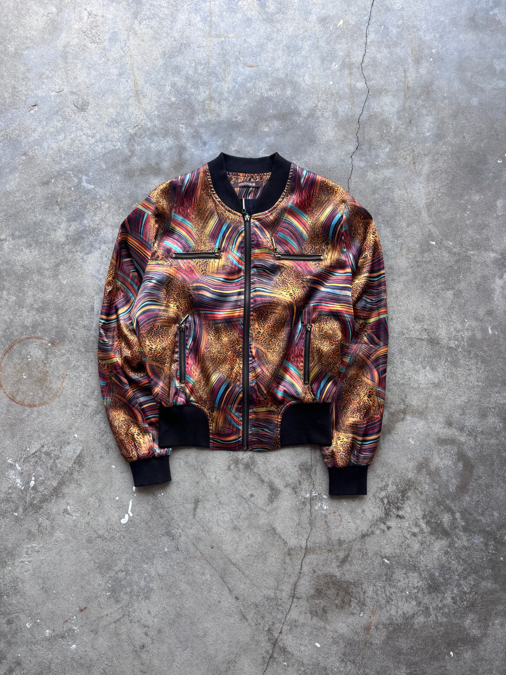 Roberto Cavalli Vintage Satin Bomberjacke Animal Print & Waves Gr. L