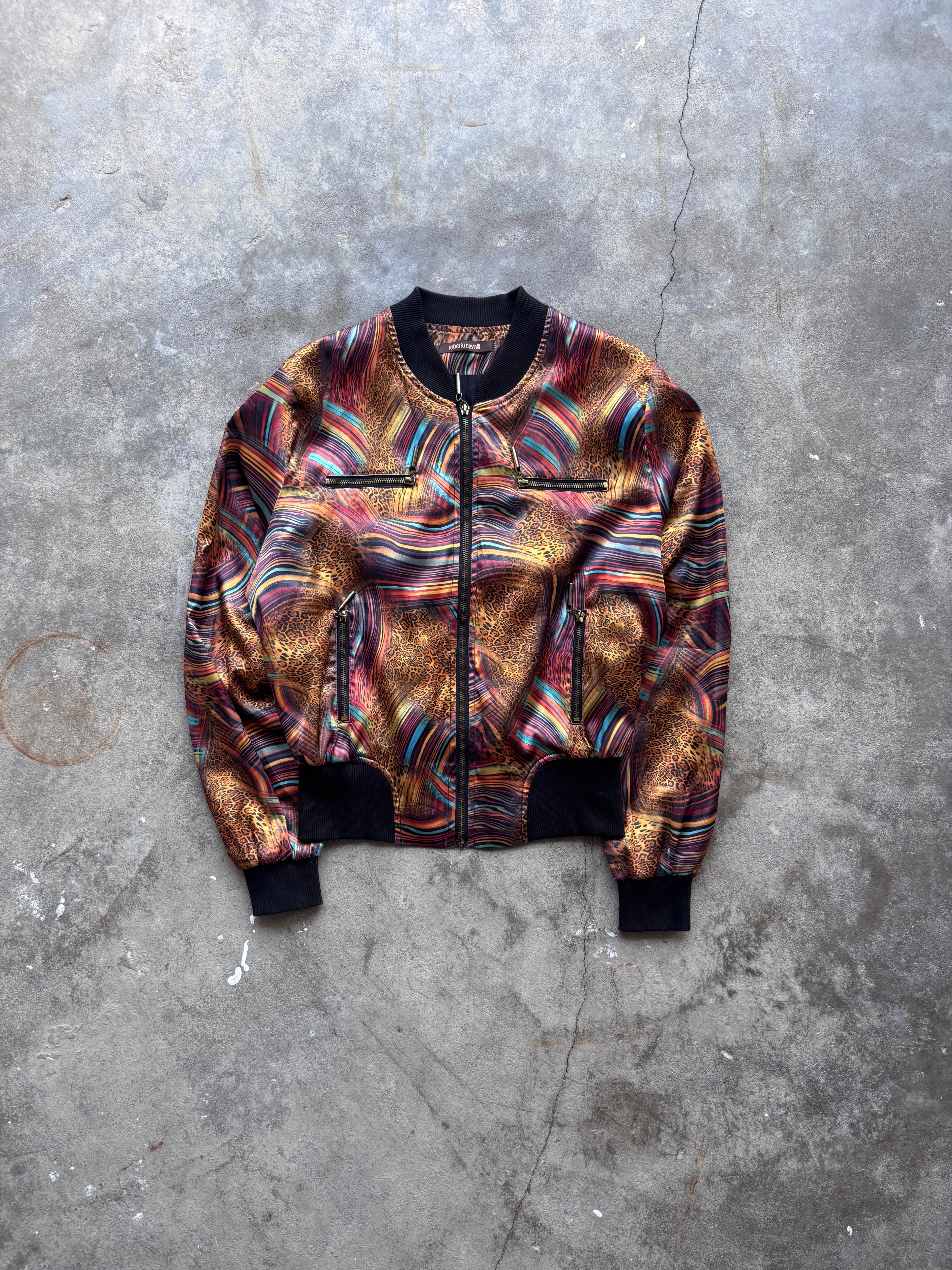 Roberto Cavalli Vintage Satin Bomberjacke Animal Print & Waves Gr. L