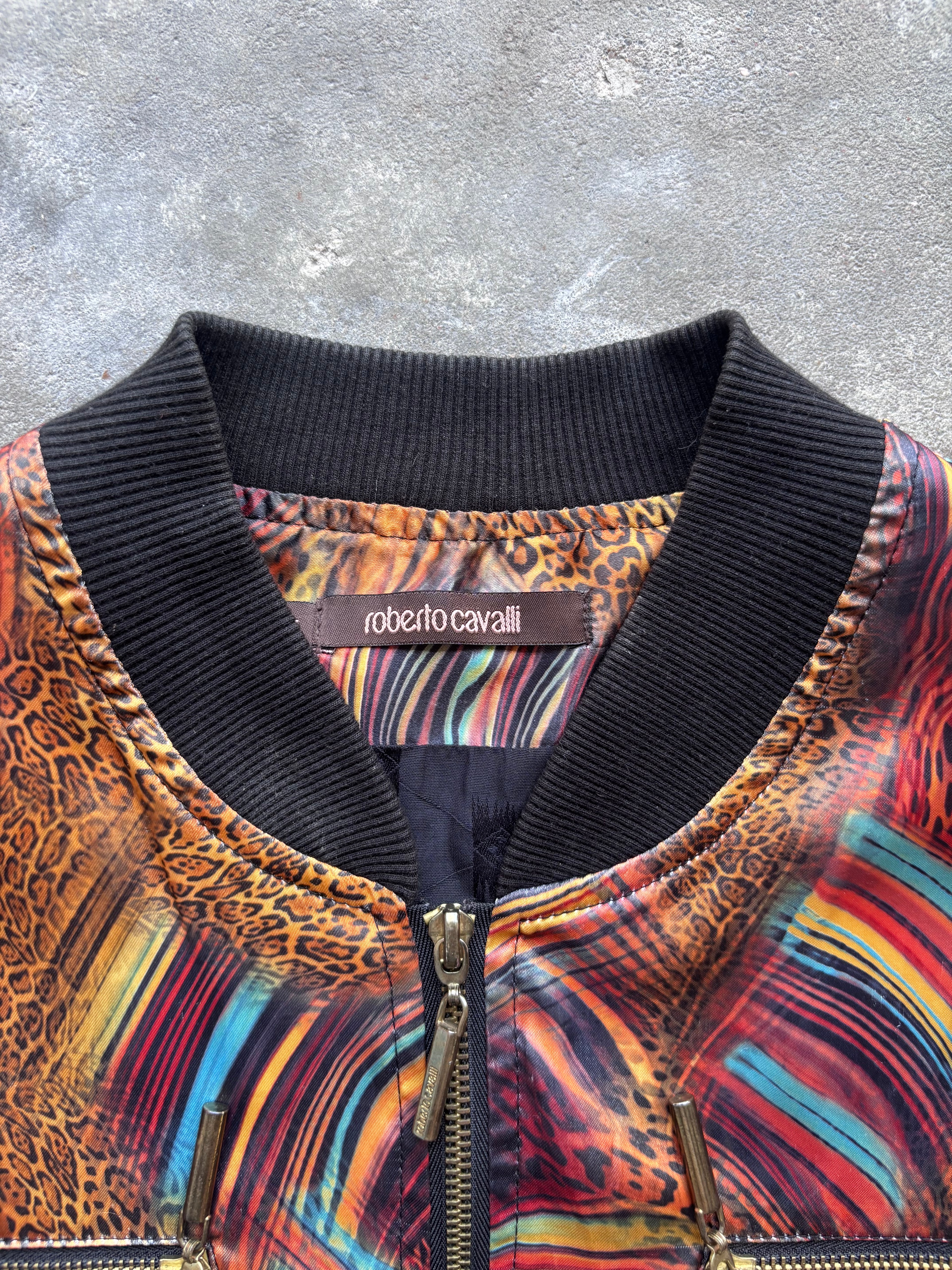 Roberto Cavalli Vintage Satin Bomberjacke Animal Print & Waves Gr. L