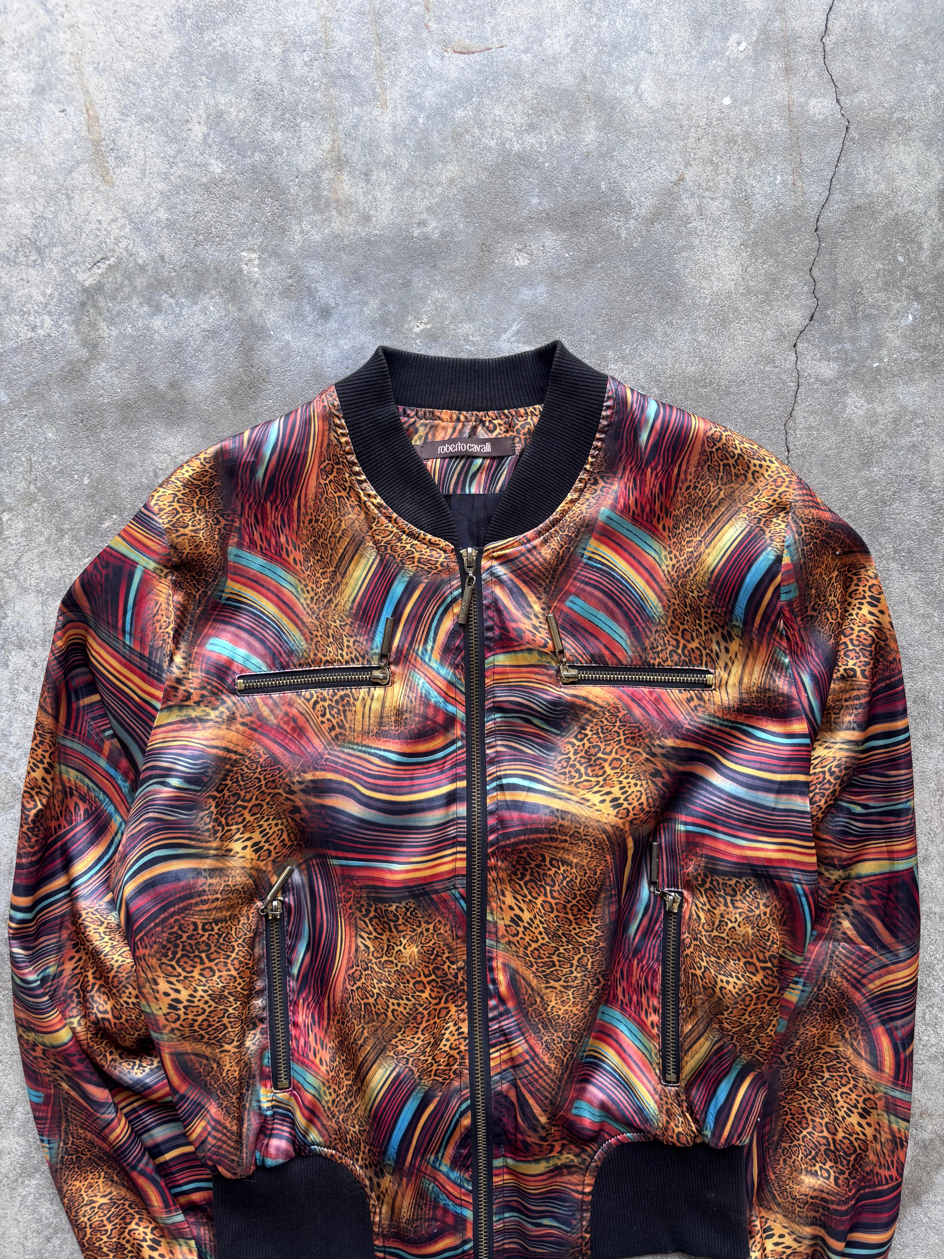 Roberto Cavalli Vintage Satin Bomberjacke Animal Print & Waves Gr. L